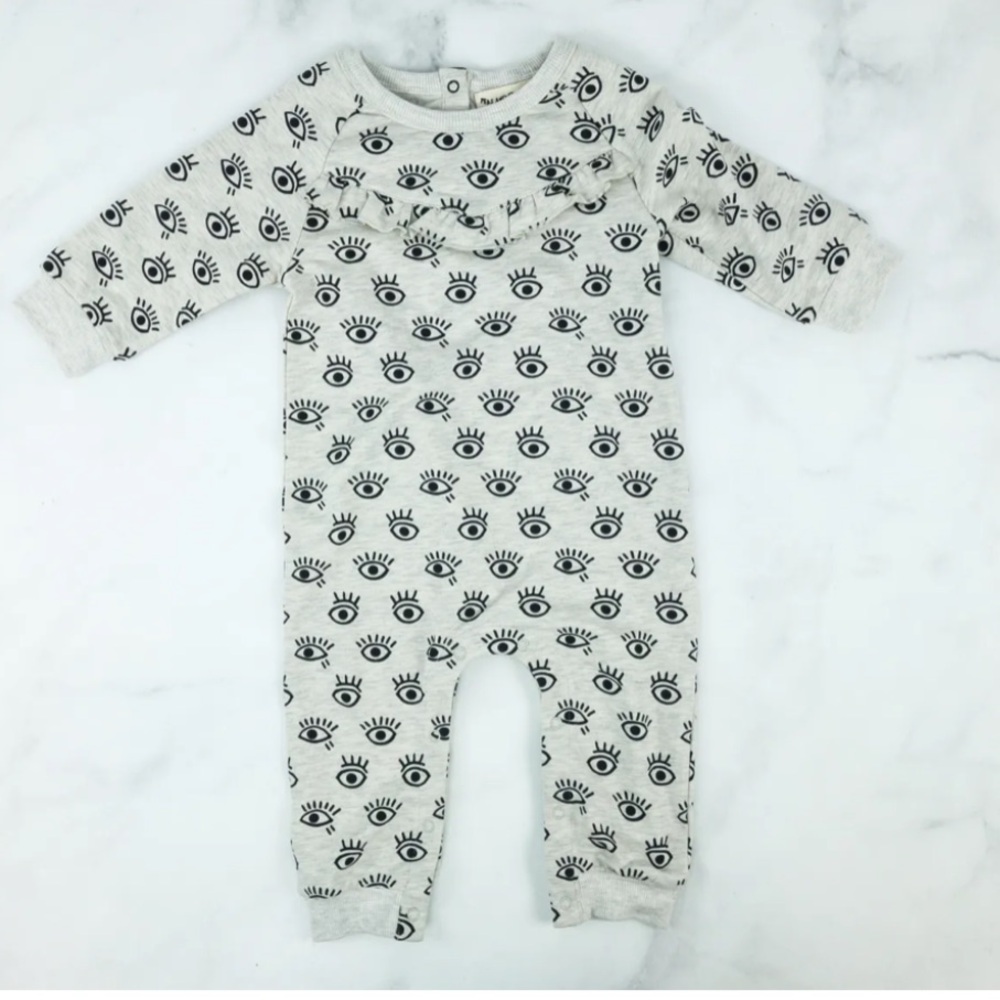 Peas & Queues Eye French Terry Long Sleeve Snap Bottom Ruffled Toddler Jumpsuit